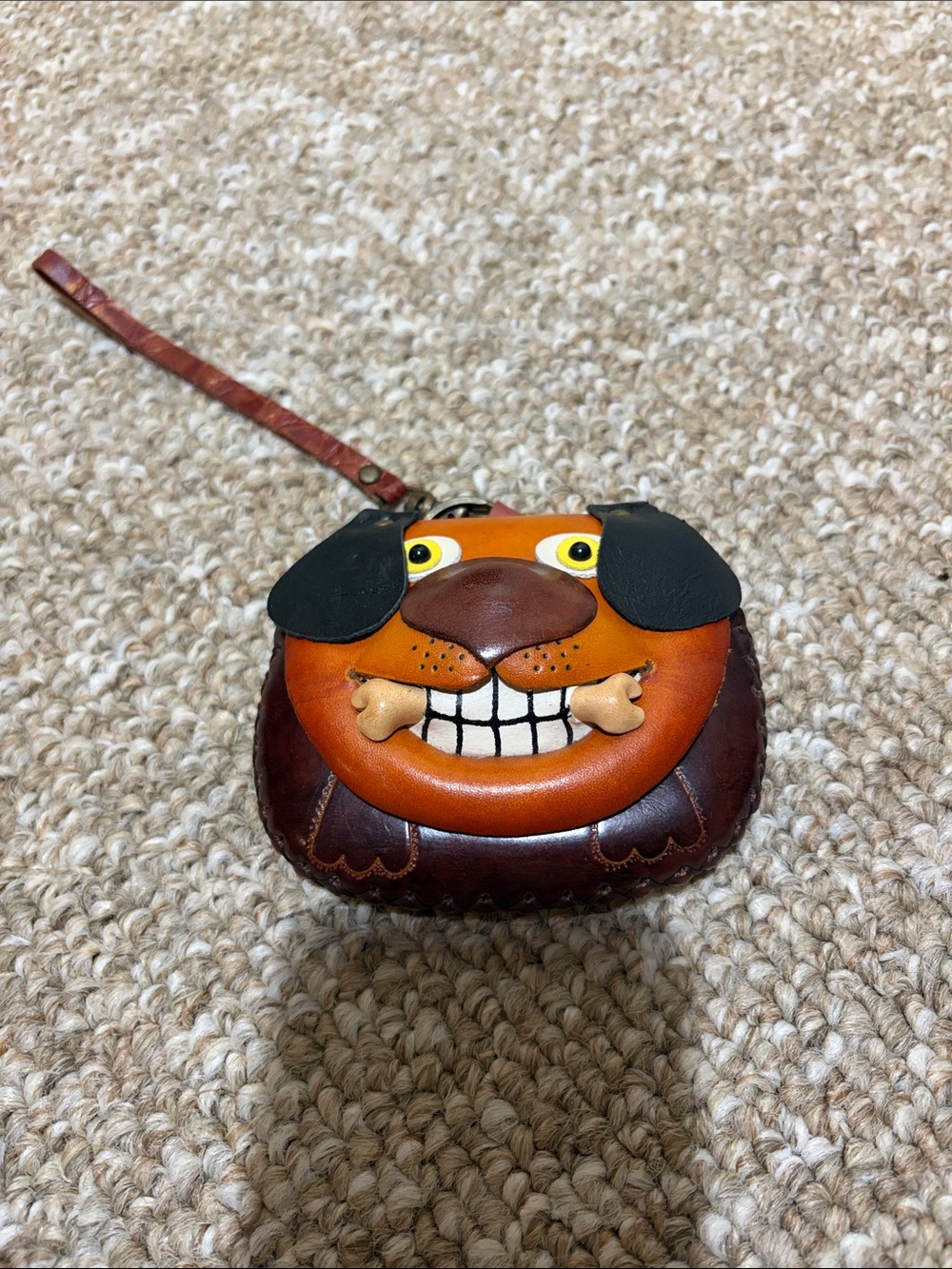 Leather Dog Face Coin Purse Wristlet - Brown/Orange